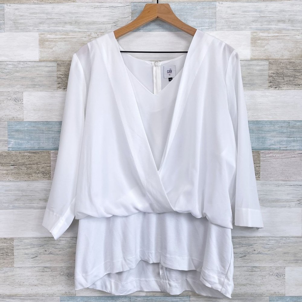 Cabi Indulge Blouse White V Neck 3/4 Sleeve Chiffon Ponte Stretch 5539 Womens XL
